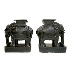 Pair of Black Glazed Terracotta Elephant Garden Seats