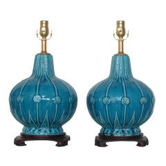 Pair of Turquoise Blue Ceramic Lamps