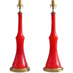Pair of Coral Murano Glass Lamps