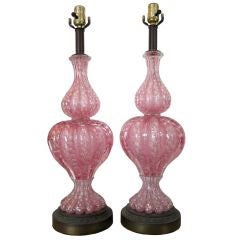 Vintage Pair of Pink Murano Glass Lamps