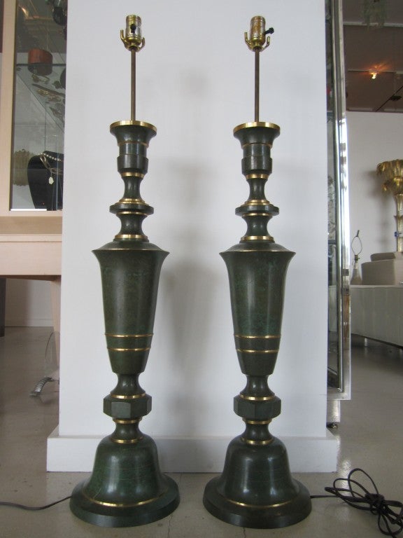 Large pair of copper trumpet lamps with verdigris patina by Carl Sorenson.