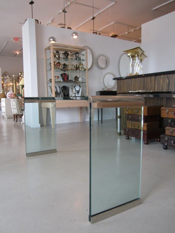 Pair of Glass and Nickel Waterfall Console Tables