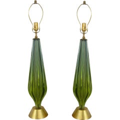 Pair of Vintage Murano Glass Green Lamps