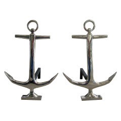 Pair Vintage Nickel Plated Anchor Andirons