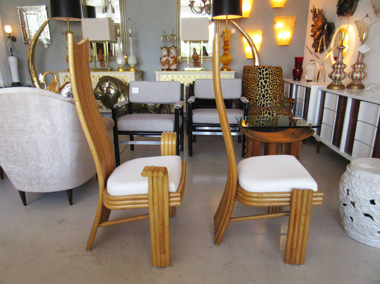 Mid-Century Modern Set of Six Rattan McGuire High Back Chairs