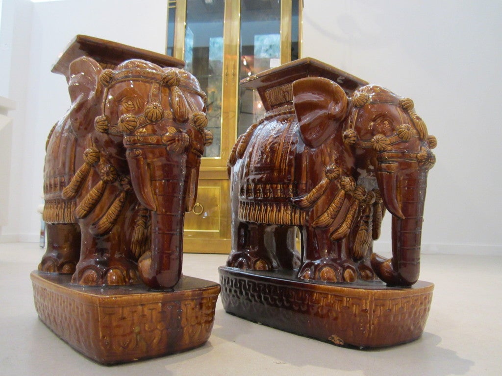 Pair of Brown Terracotta Elephant Garden Seats In Excellent Condition For Sale In West Palm Beach, FL