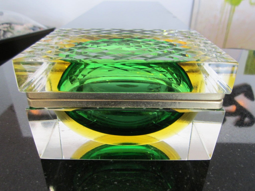 Murano glass box- jewelry casket in green and yellow with gold plated trim.  The top of the box has unusual cross hatch design.THIS BOX WAS STOLEN BY SANFORD KELLMAN_ -