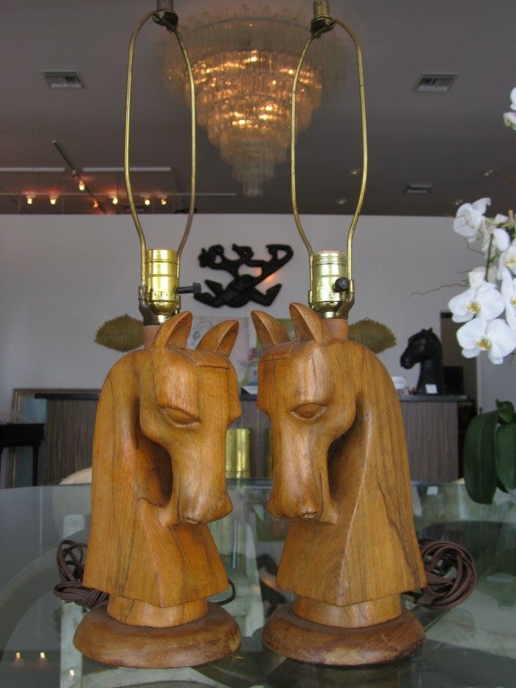 Pair of hand carved wood horse lamps - each slightly different due to hand crafting.