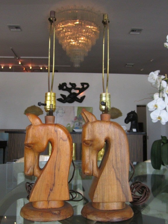 Mid-20th Century Pair of Carved Wood Horse Lamps