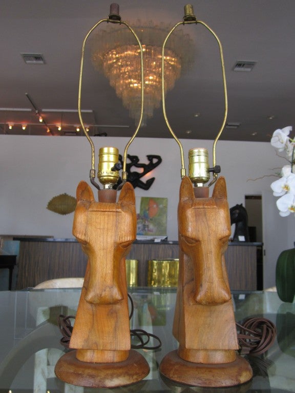 Pair of Carved Wood Horse Lamps 1