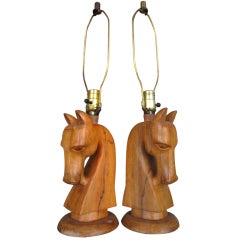 Pair of Carved Wood Horse Lamps