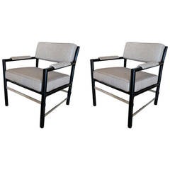Pair of Black Dunbar Armchairs with Nickel Stretchers