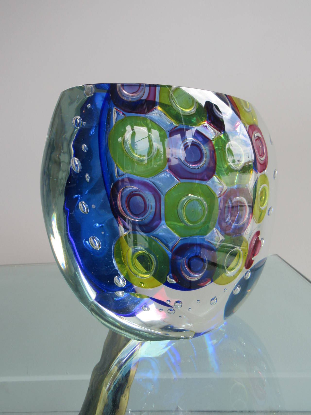 Colorful Murano glass vase signed Schiavon with controlled patchwork motif of yellow and fuchsia.