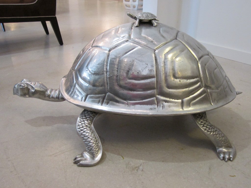 Huge Arthur Court aluminum turtle meat server with baby turtle adorning the lid as a handle. Unsigned but documented in the Court book.