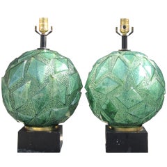 Unusual Pair of Green Glass Art Deco Lamps