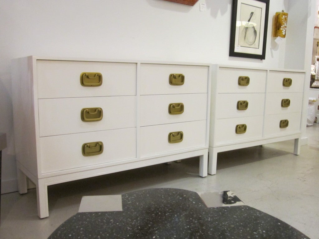 Pair of White Lacquer Chests with Brass Pulls by Gerry Zanck