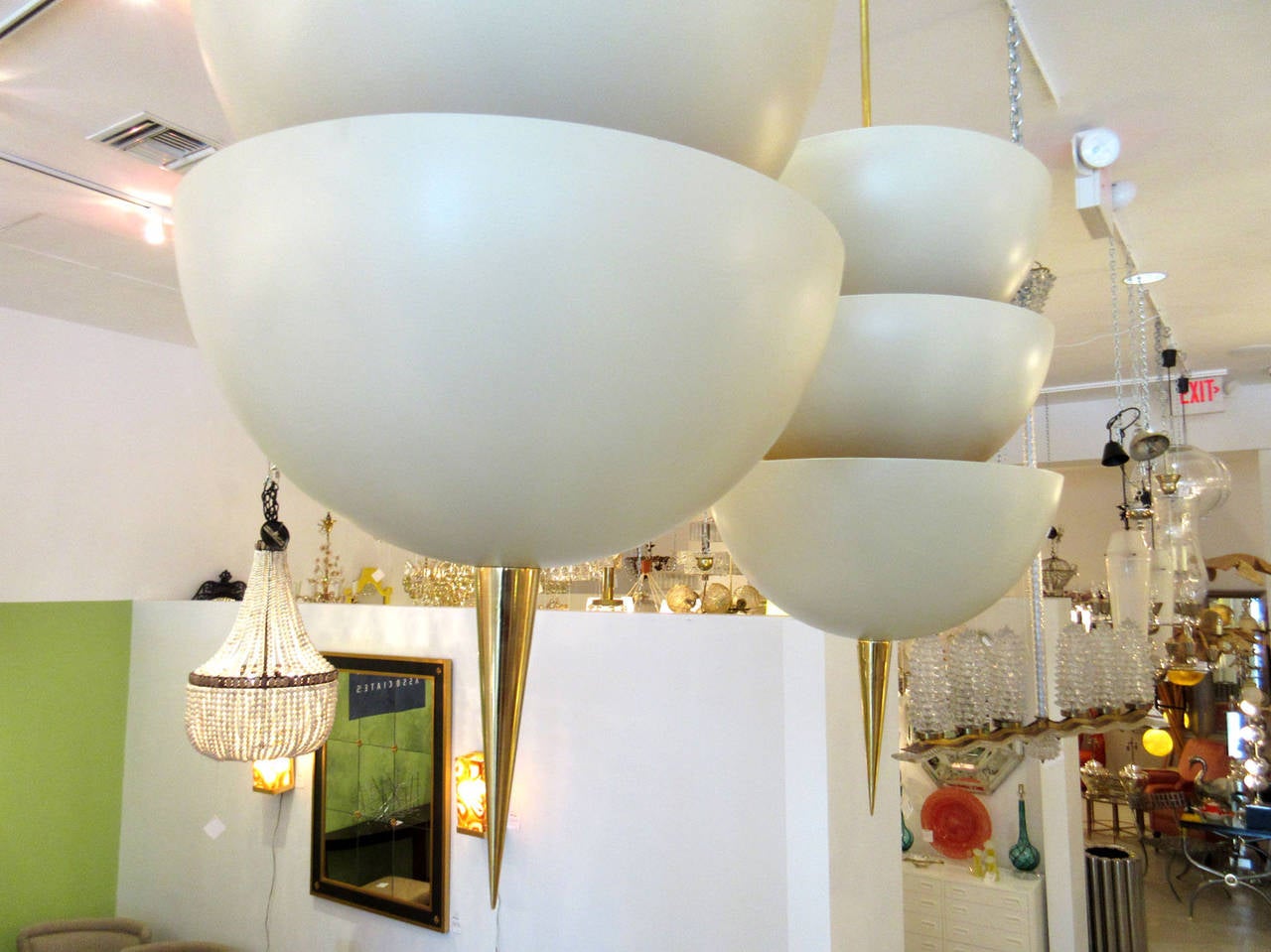 Mid-Century Modern Two Large Modernist Pendant Light Fixtures Enameled Ivory and Brass
