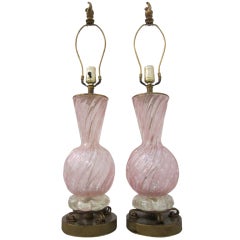 Pair of Antique Pink Murano Glass Lamps