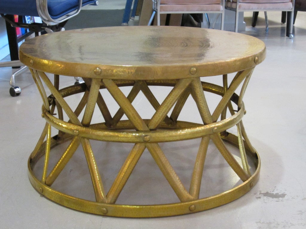 hammered brass round drum coffee table