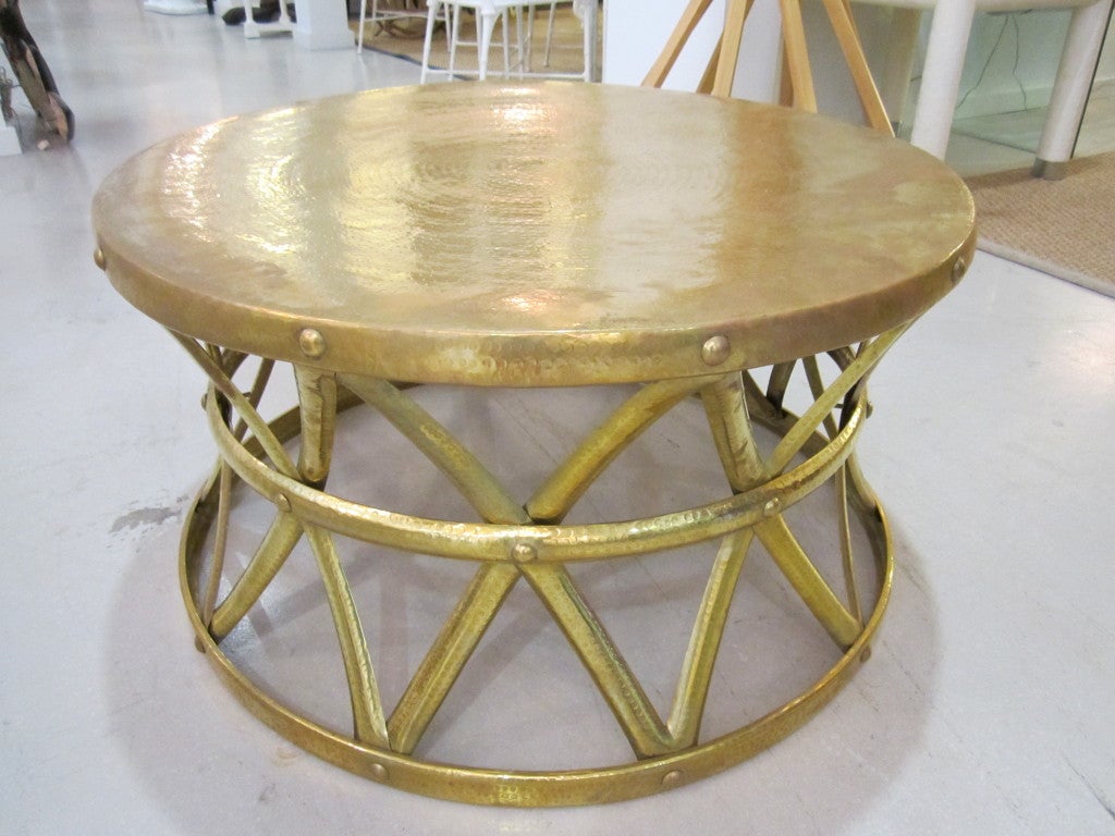 Large Hammered Brass Drum Table 3