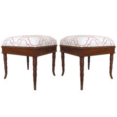 Vintage Pair of Faux Bamboo Stools with Orange and White Fabric
