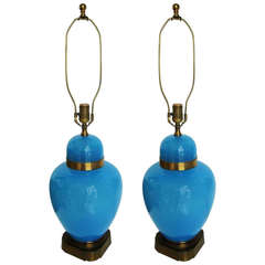 Pair of Antique Blue Opaline Lamps