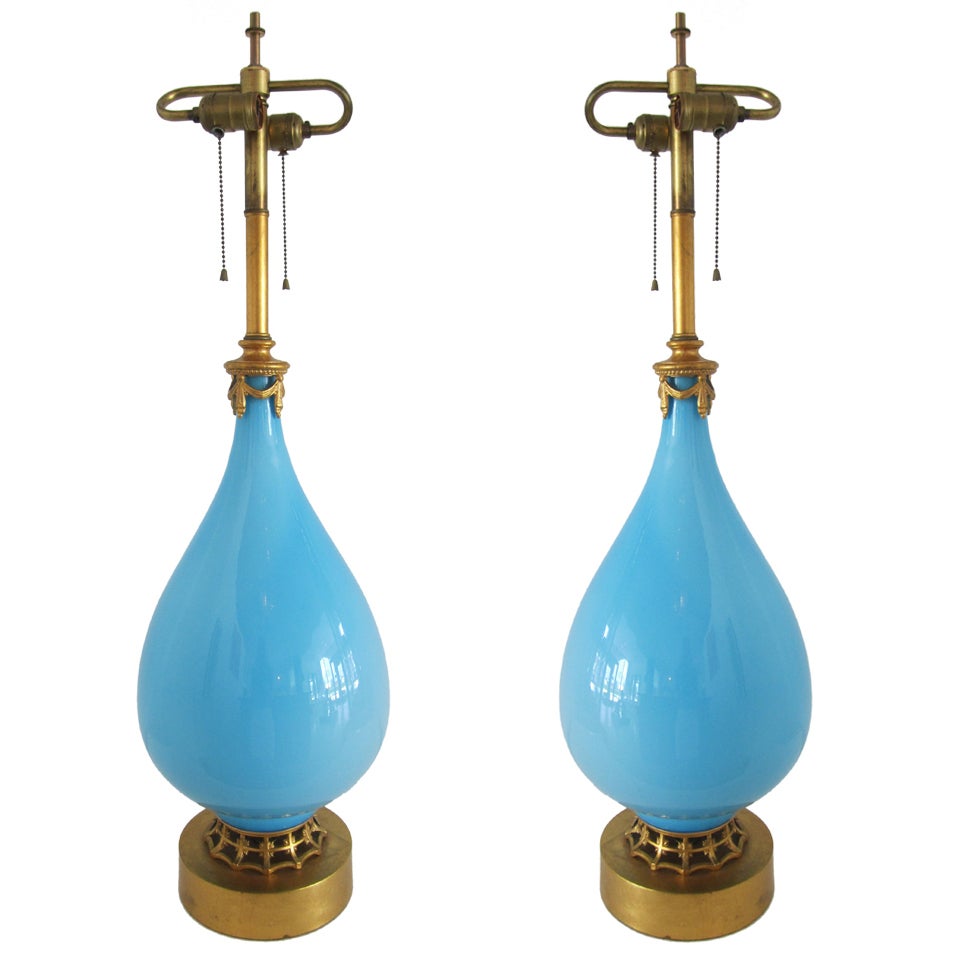 Pair of Turquoise Blue Murano Glass Lamps