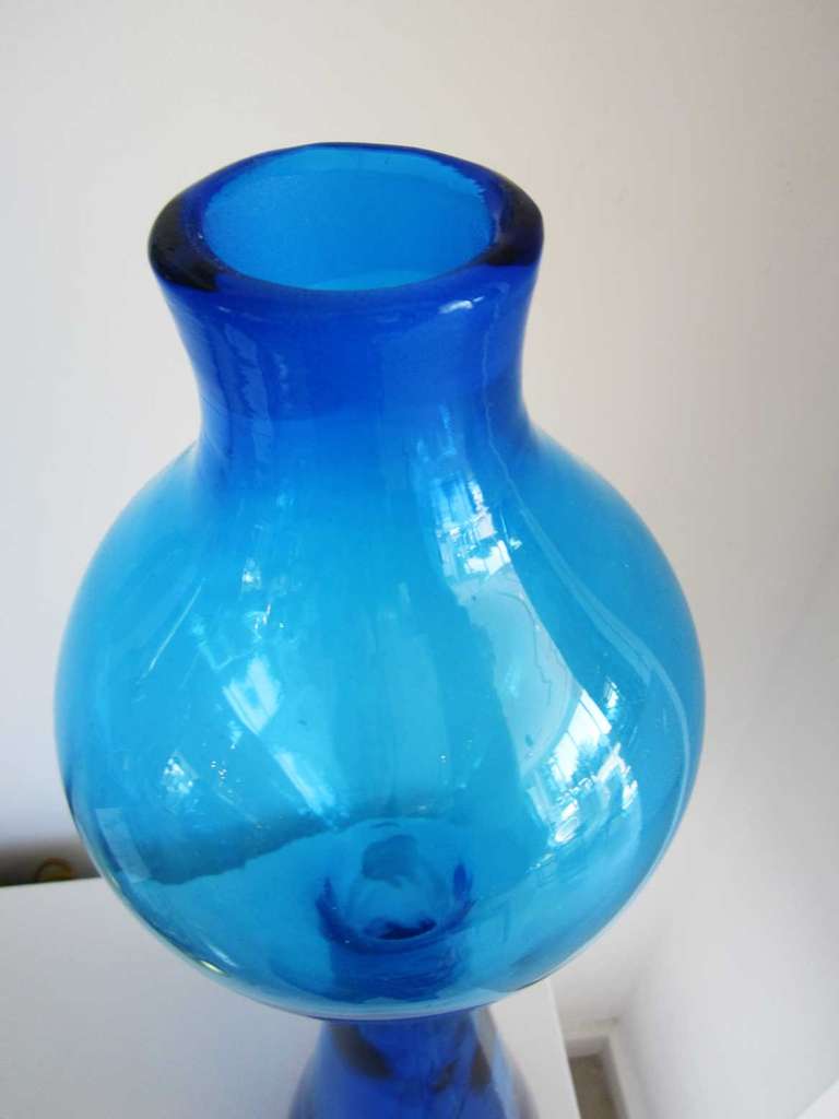 Tall Blue Blenko Decanter In Excellent Condition In West Palm Beach, FL