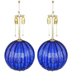 Pair of Murano Cobalt Blue and Gold Lamps