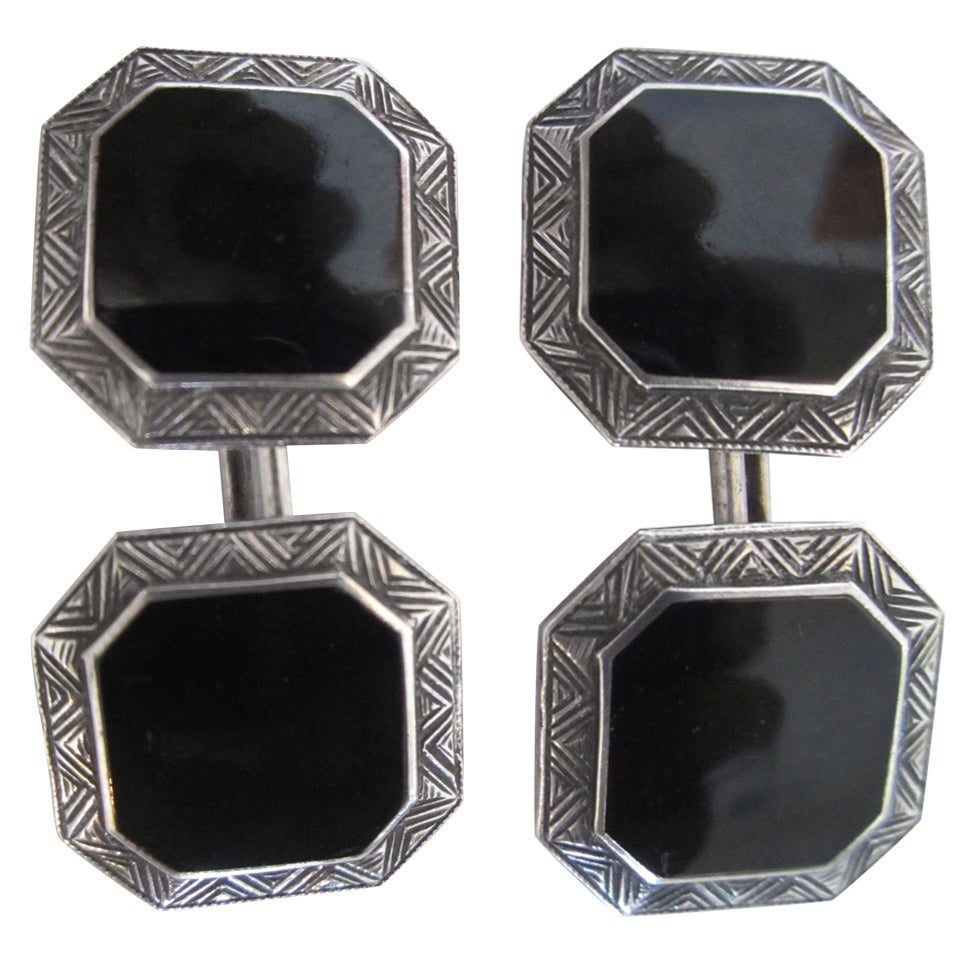 Pair of Art Deco Sterling and Enamel Cufflinks For Sale