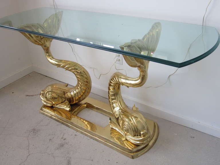 Vintage Brass Dolphin Console Table In Excellent Condition In West Palm Beach, FL