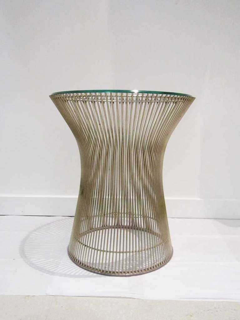 Pair of vintage Warren Platner wire side tables with  round glass tops.