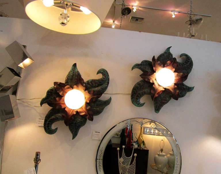 Mid-20th Century Pair of Vintage Patinated Flower Sconces - Flush Mounts For Sale