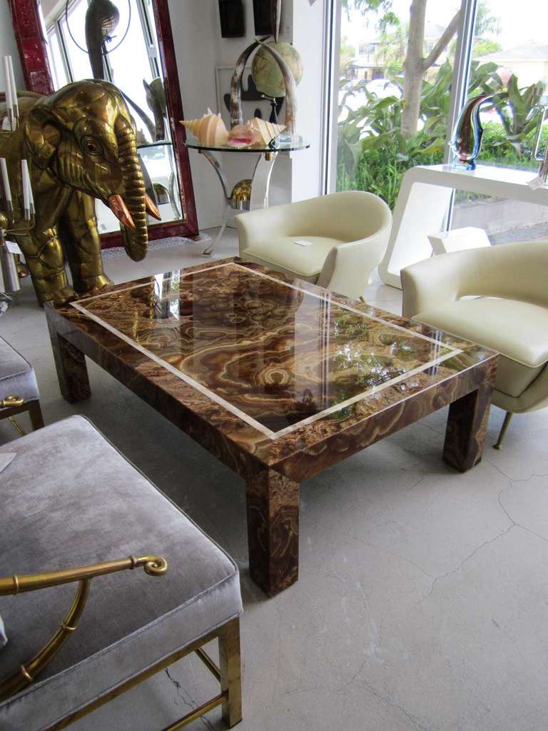 Vintage onyx coffee table with warm palette of browns and taupe with interesting natural specimen pattern throughout--