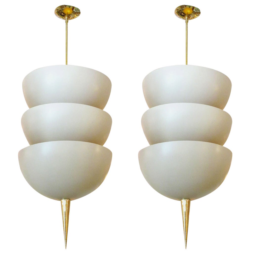 Two Large Modernist Pendant Light Fixtures Enameled Ivory and Brass