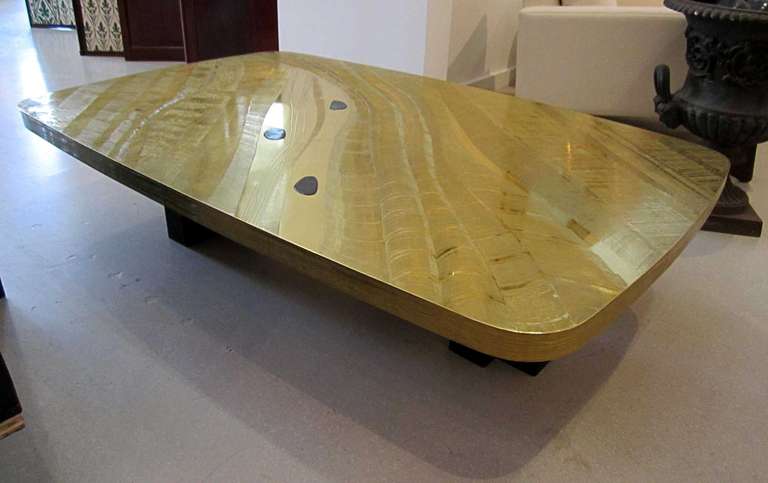 Brass Labradorite Coffee Table - Christian Krekels- Signed In Excellent Condition For Sale In West Palm Beach, FL