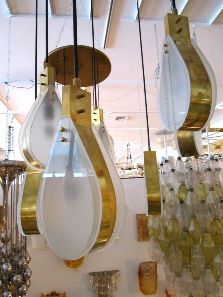 Brass and Frosted Glass Italian Teardrop Chandelier 3