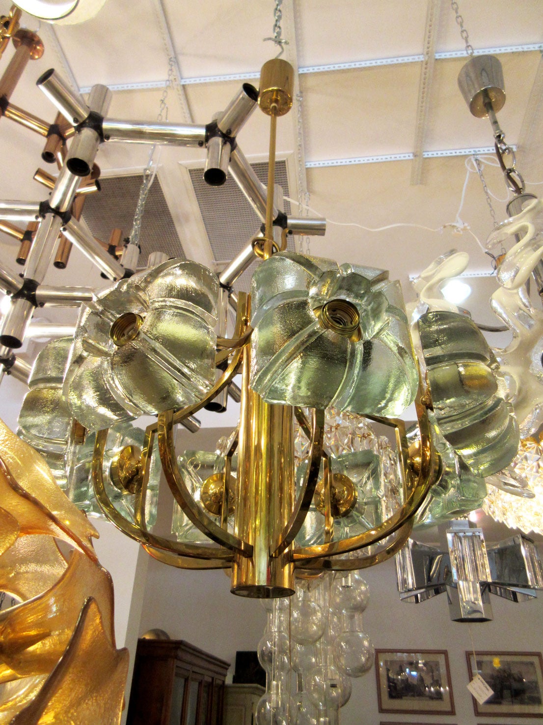 Mid-Century Modern Kalmar Block Glass and Brass Chandelier