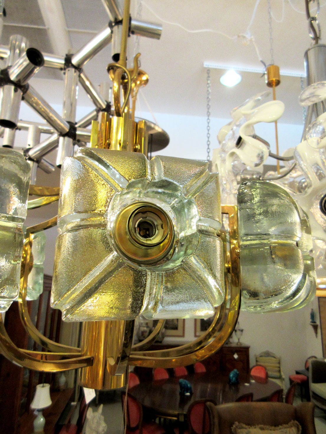 Kalmar Block Glass and Brass Chandelier In Excellent Condition In West Palm Beach, FL