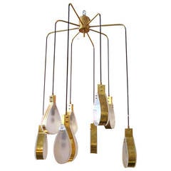 Brass and Frosted Glass Italian Teardrop Chandelier