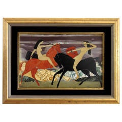 Vintage Modernist Italian Pietra Dura Framed Plaque, Nudes on Horseback