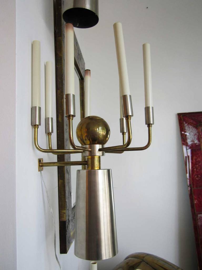 Mid-Century Modern Pair of Two Tone Steel and Brass French Sconces For Sale