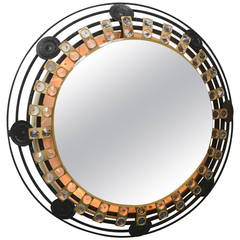 Vintage Brutalist Circular Illuminating Mirror