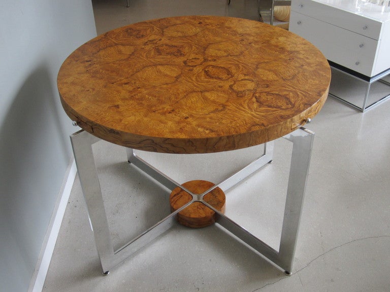 RARE Milo Baughman circular burlwood games table with chrome base. The table has pull out coaster trays with chrome ball handles.