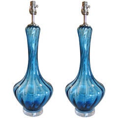 Pair of Blue Murano Petticoat Lamps with Lucite Bases