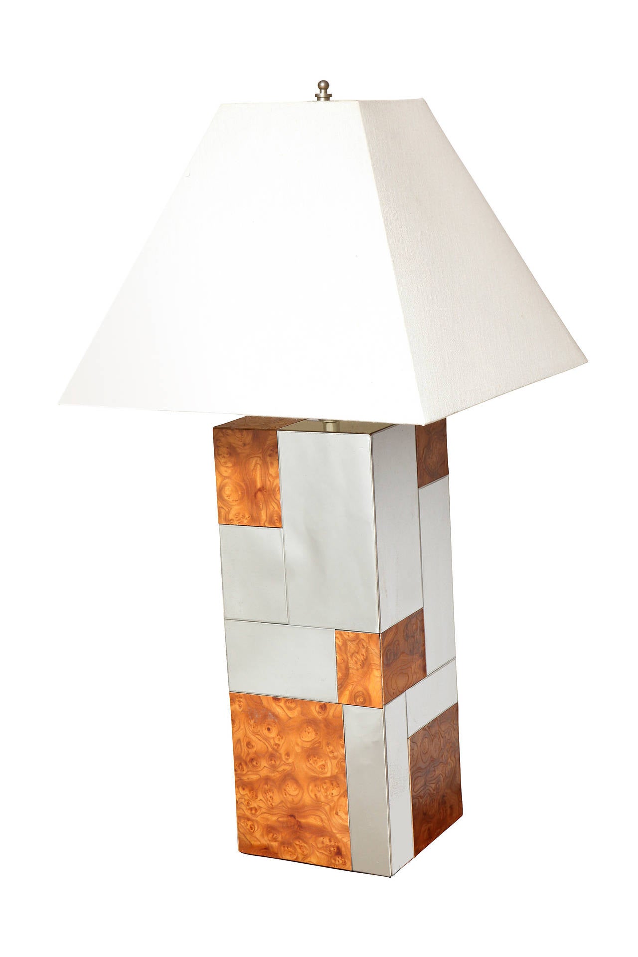A pair of Paul Evans square cityscape table lamps Cityscape table lamps from the PE 400 series, with chrome plated stainless steel,  maple burl veneers, and polyester. 