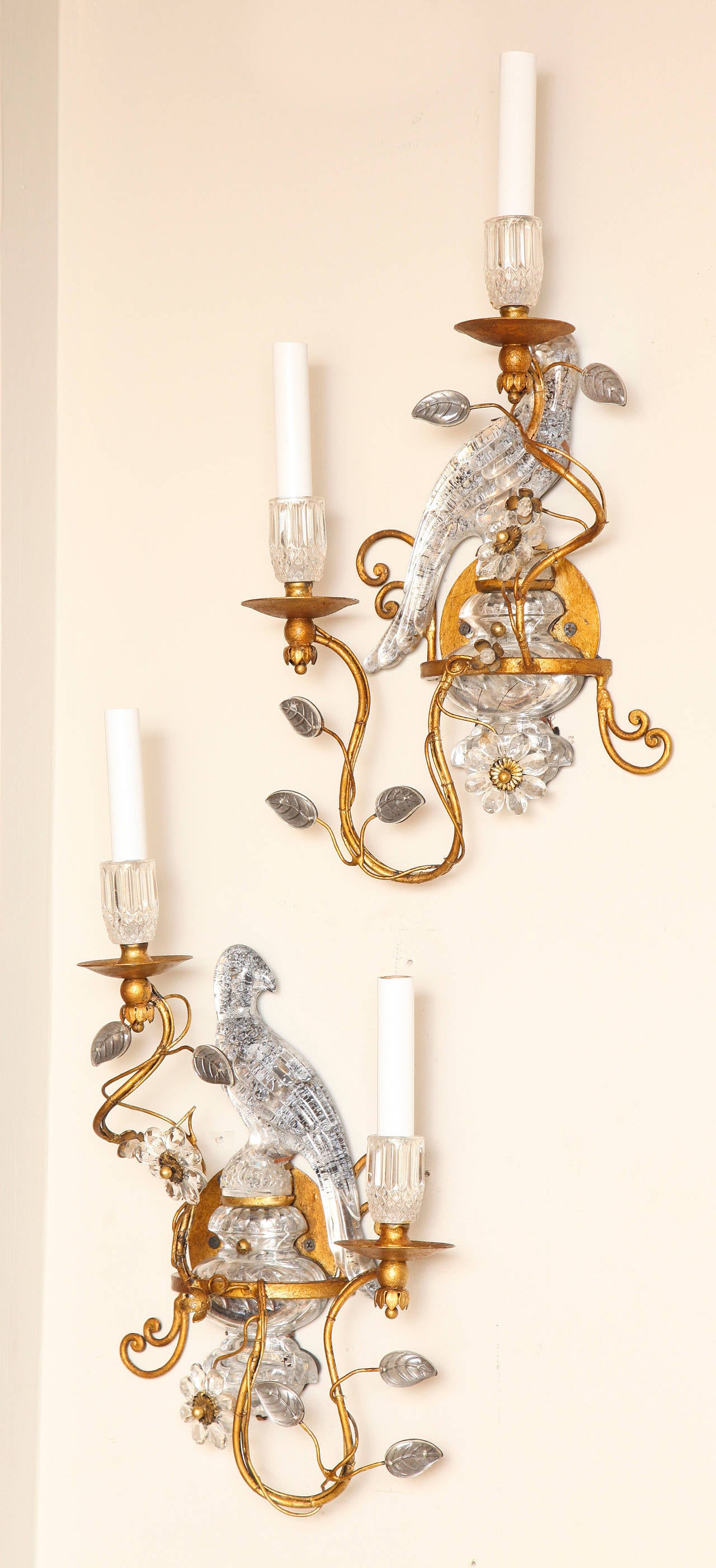 Pair of Bagues Style Crystal and Bronze Bird Sconces 1