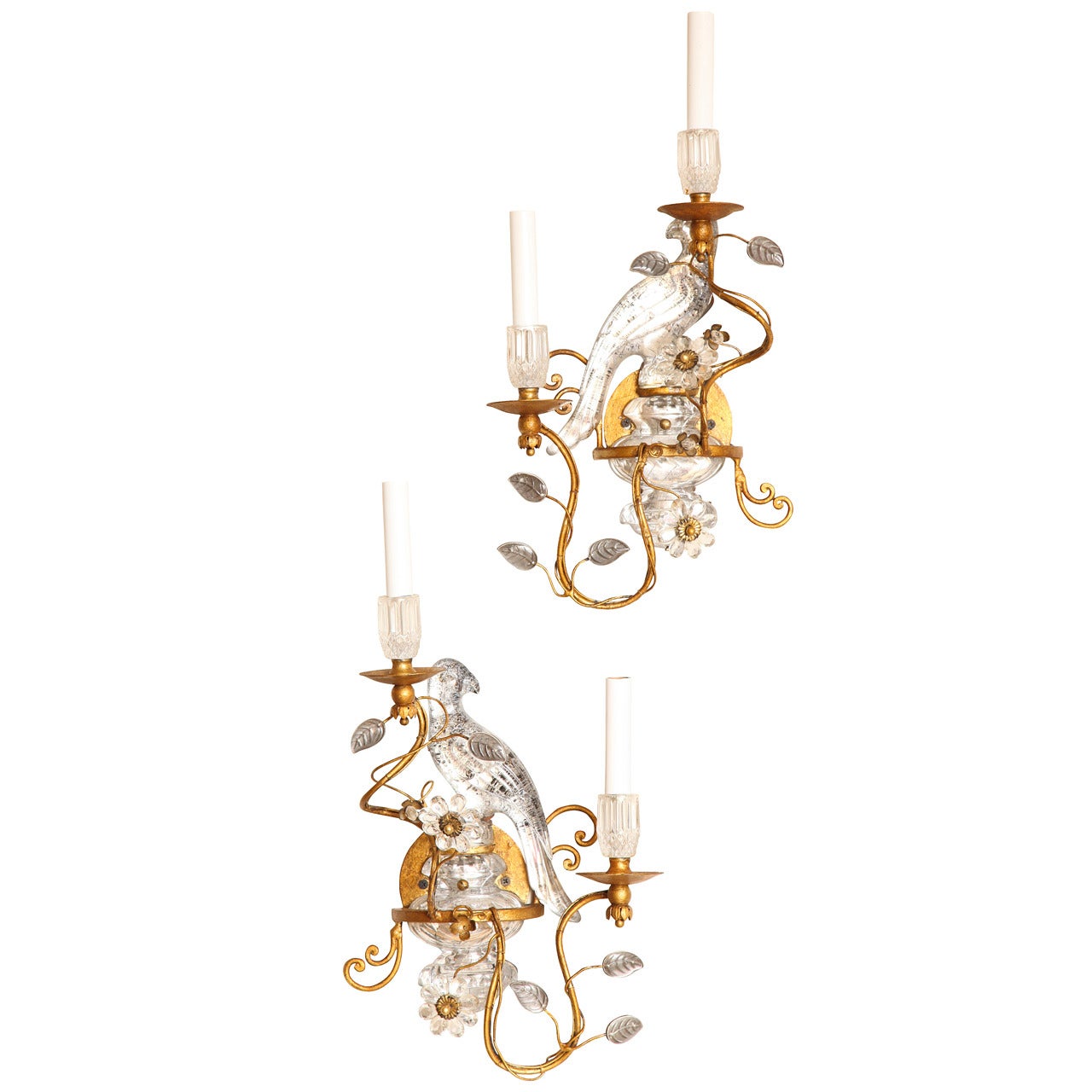 Pair of Bagues Style Crystal and Bronze Bird Sconces