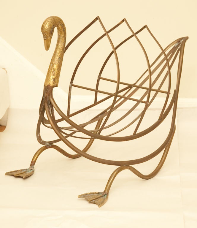 Mid-20th Century A Magazine/Newspaper Rack in the Form of a Patinated Brass Swan