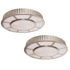 A Pair of Flushmounted American Silver Nickel Plated Metal Light Fixture